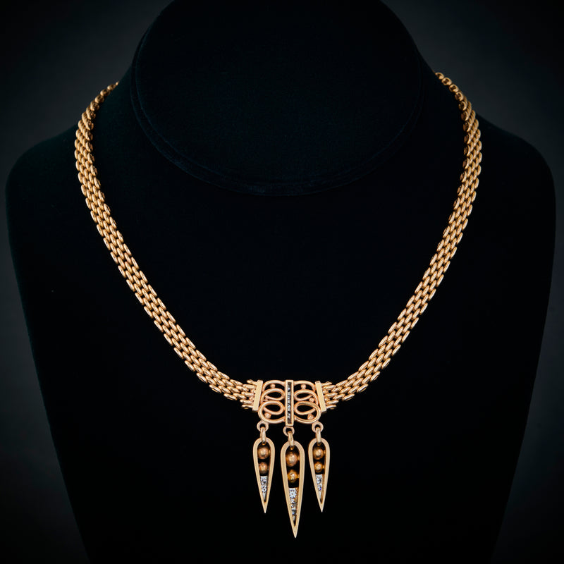 Retro Panthere Style 18ct Yellow Gold & Diamond Spear Drop Necklace, Circa 1940.