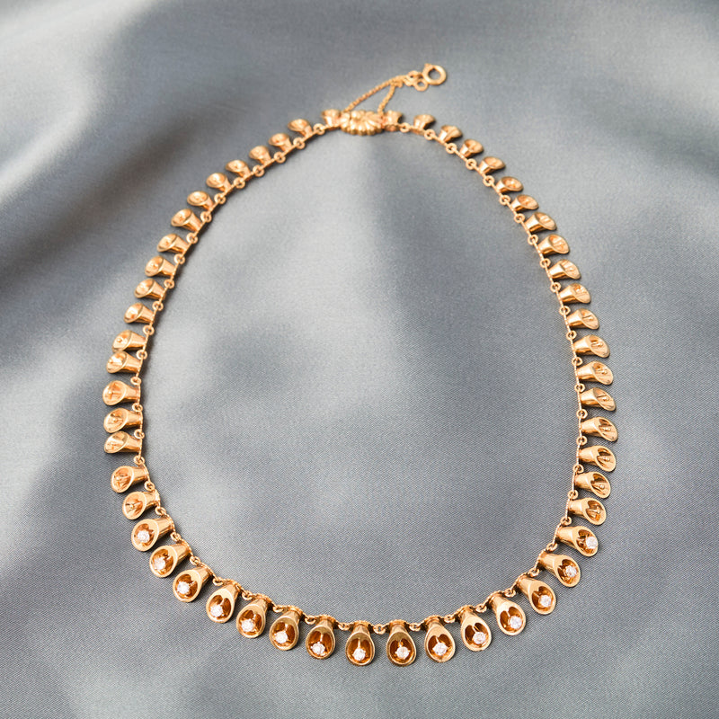 18ct Yellow Gold & Diamond Modernist Bell Flower Necklace