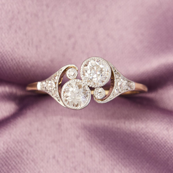 Edwardian 18ct Yellow Gold Platinum & Diamond Moi Et Toi Ring