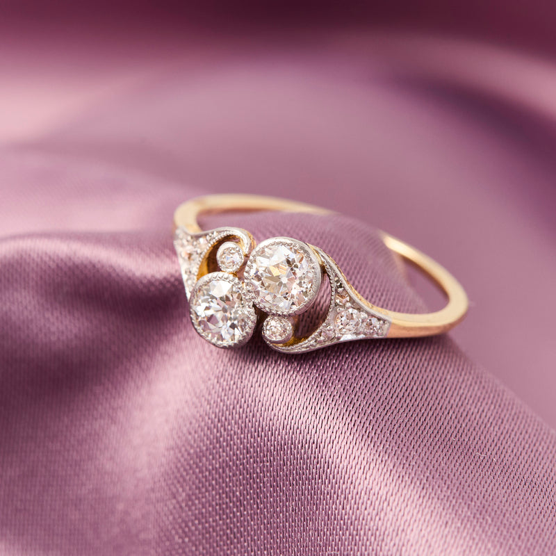 Edwardian 18ct Yellow Gold Platinum & Diamond Moi Et Toi Ring