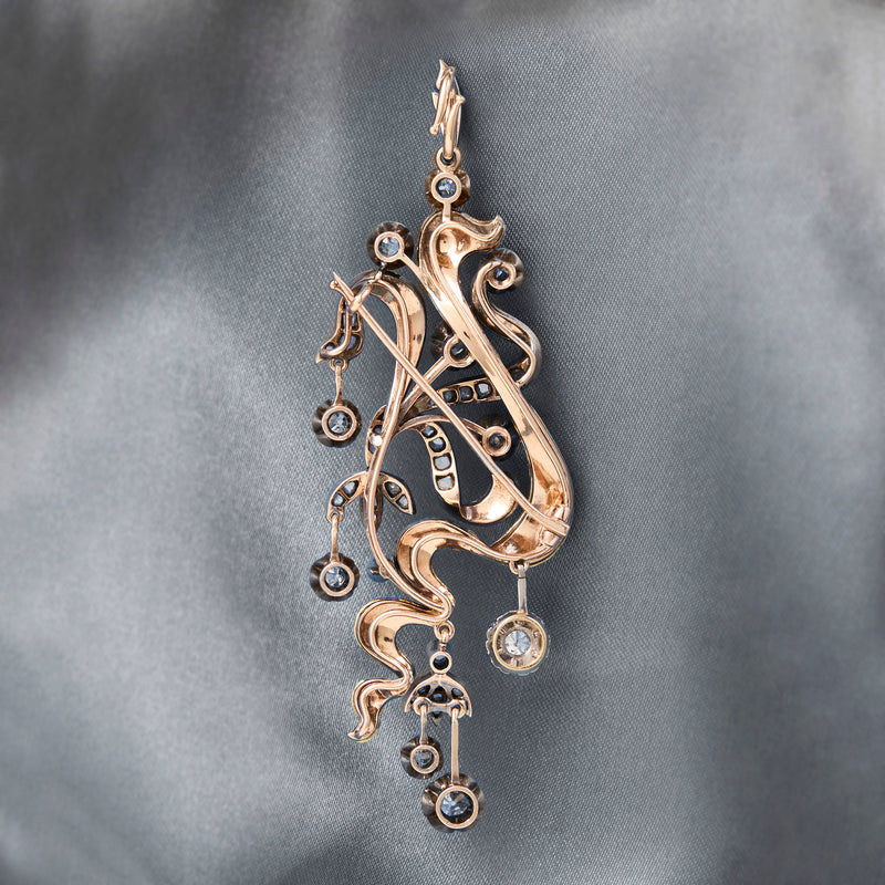 Art Nouveau 14ct Gold & Silver Diamond Pendant / Brooch