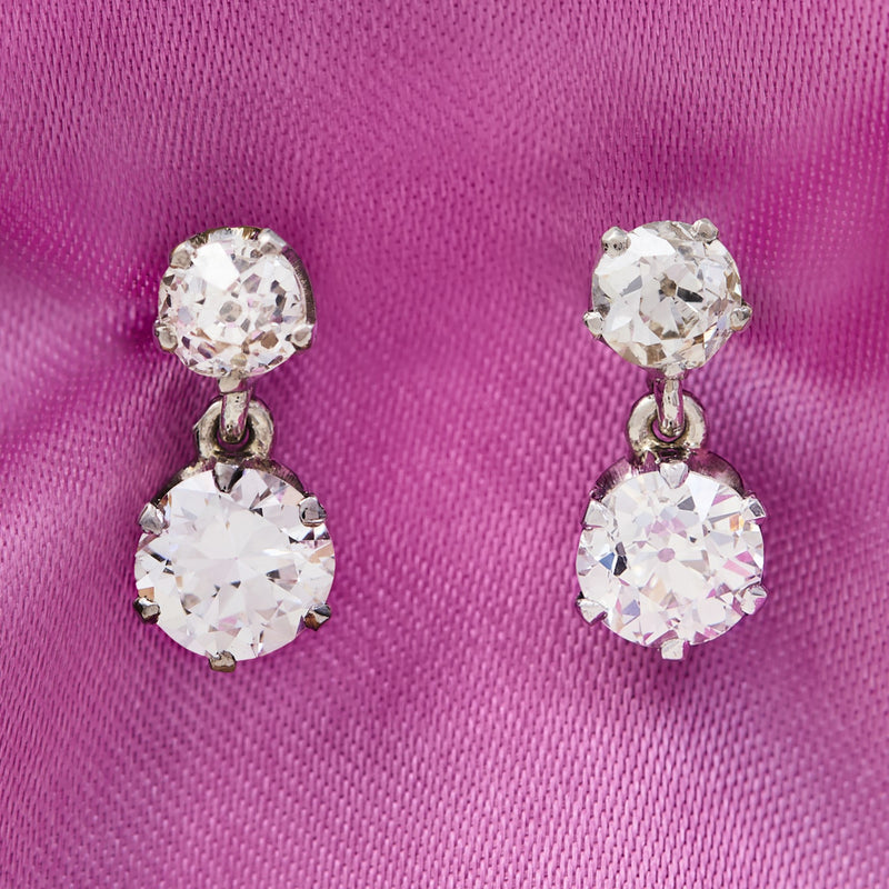 Platinum Old European Cut Diamond Top & Drop Earrings