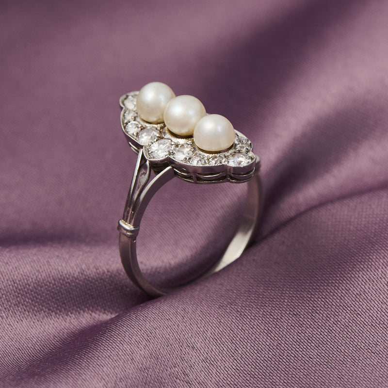 Edwardian Platinum Diamond & Pearl Ring, Circa 1900.