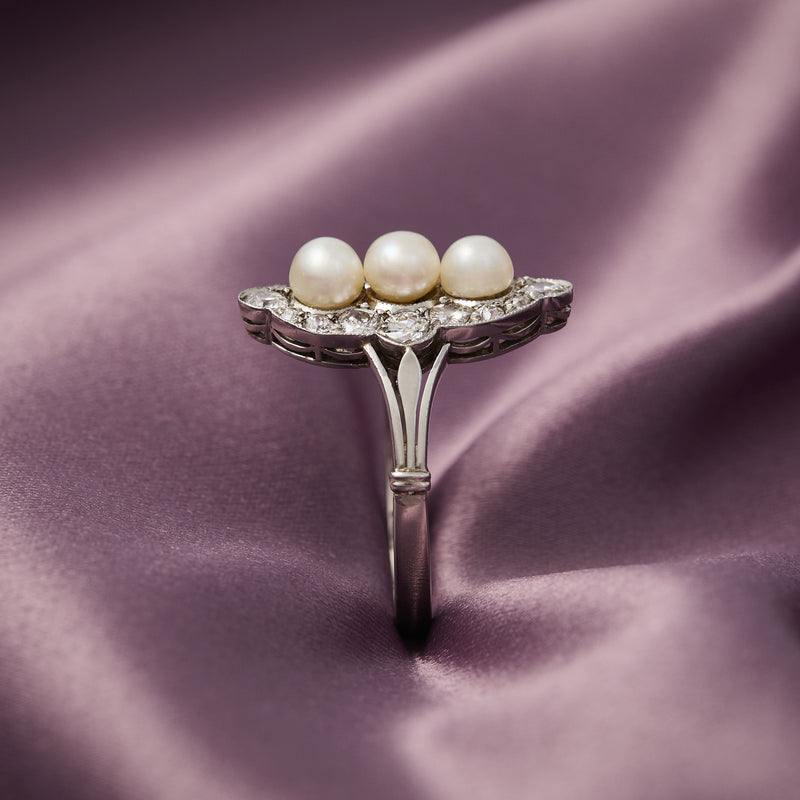 Edwardian Platinum Diamond & Pearl Ring, Circa 1900.