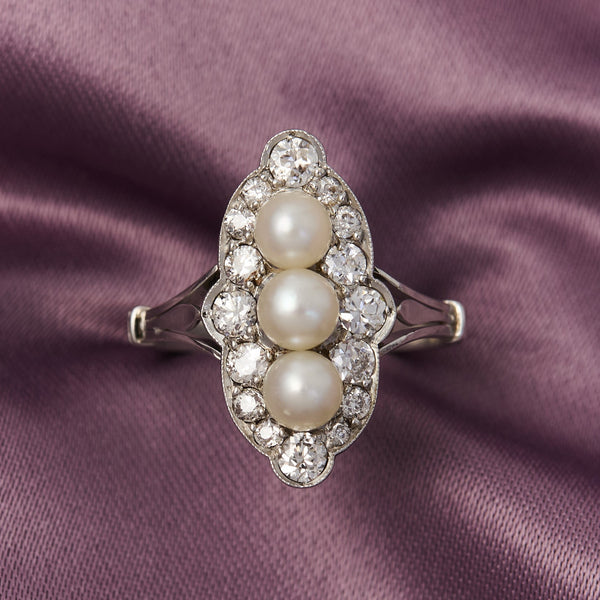 Edwardian Platinum Diamond & Pearl Ring, Circa 1900.