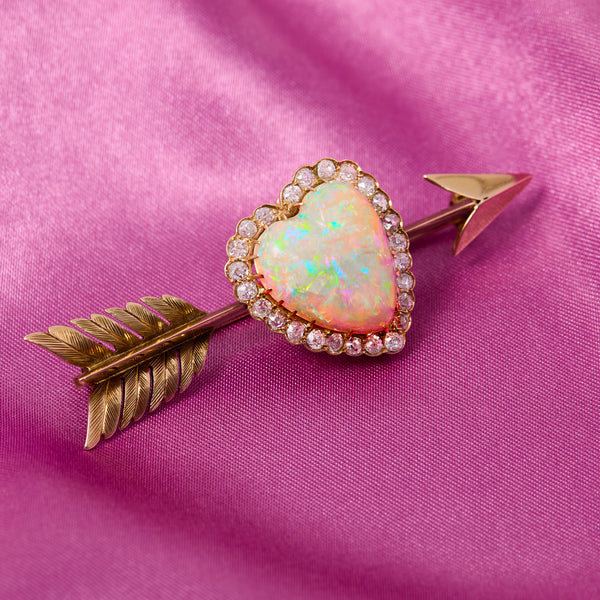 Antique 9ct Gold Diamond & Opal Heart Pendant