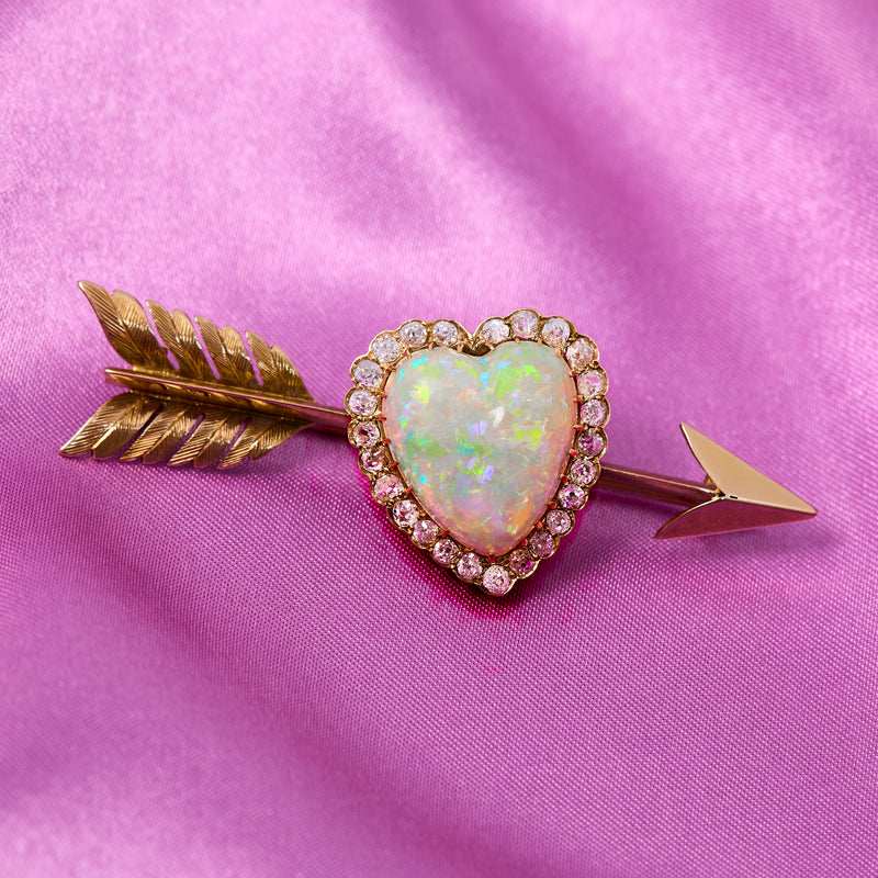 Antique 9ct Gold Diamond & Opal Heart Pendant