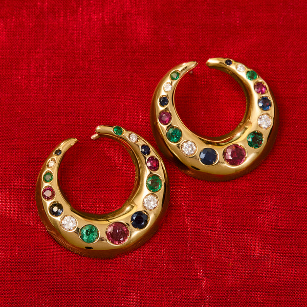 18ct Yellow Gold & Precious Gem Italian Crescent Hoop Earrings