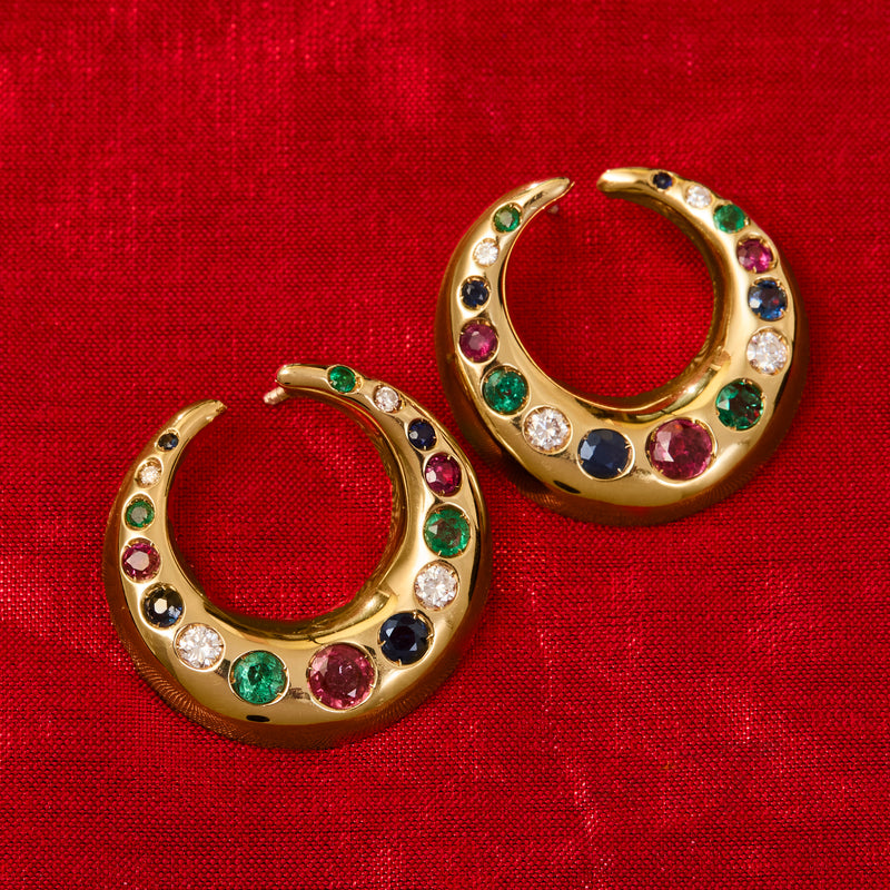 18ct Yellow Gold & Precious Gem Italian Crescent Hoop Earrings