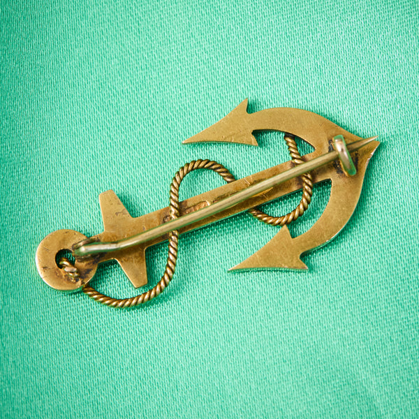 Antique Australian 15ct Yellow Gold & Pearl Anchor & Rope Brooch