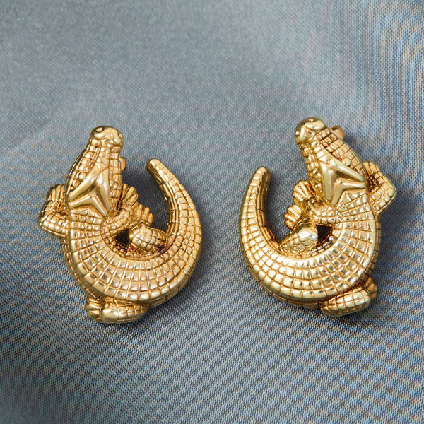 Modern 14ct Yellow Gold Alligator Earrings & Matching Pendant Suite by Carla
