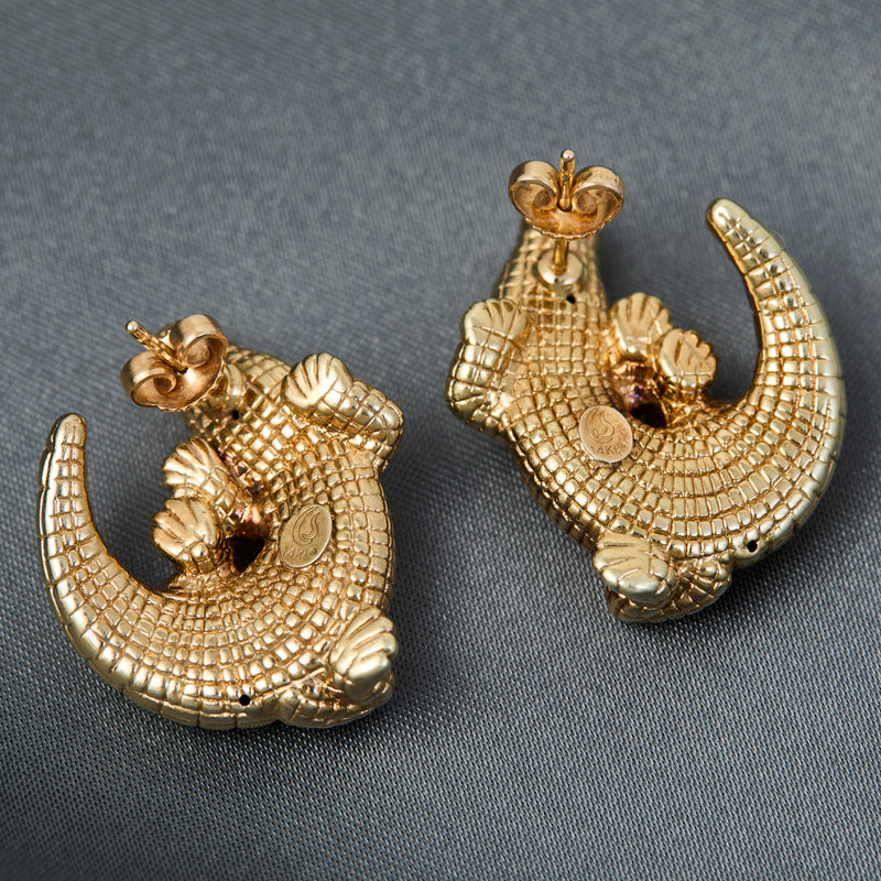 Modern 14ct Yellow Gold Alligator Earrings & Matching Pendant Suite by Carla