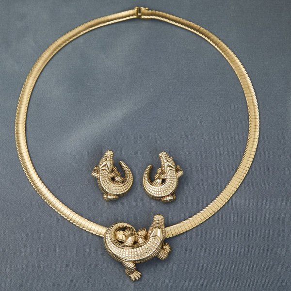 Modern 14ct Yellow Gold Alligator Earrings & Matching Pendant Suite by Carla