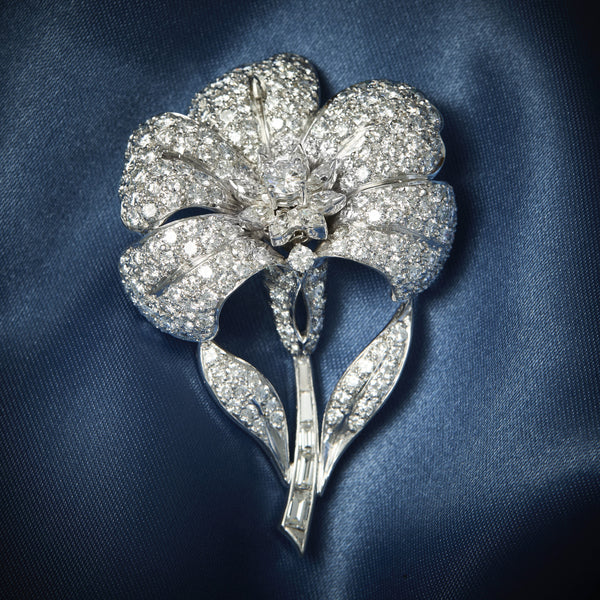 Bold 1950's Platinum & Diamond Floral Brooch