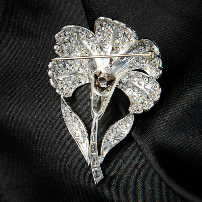 Bold 1950's Platinum & Diamond Floral Brooch