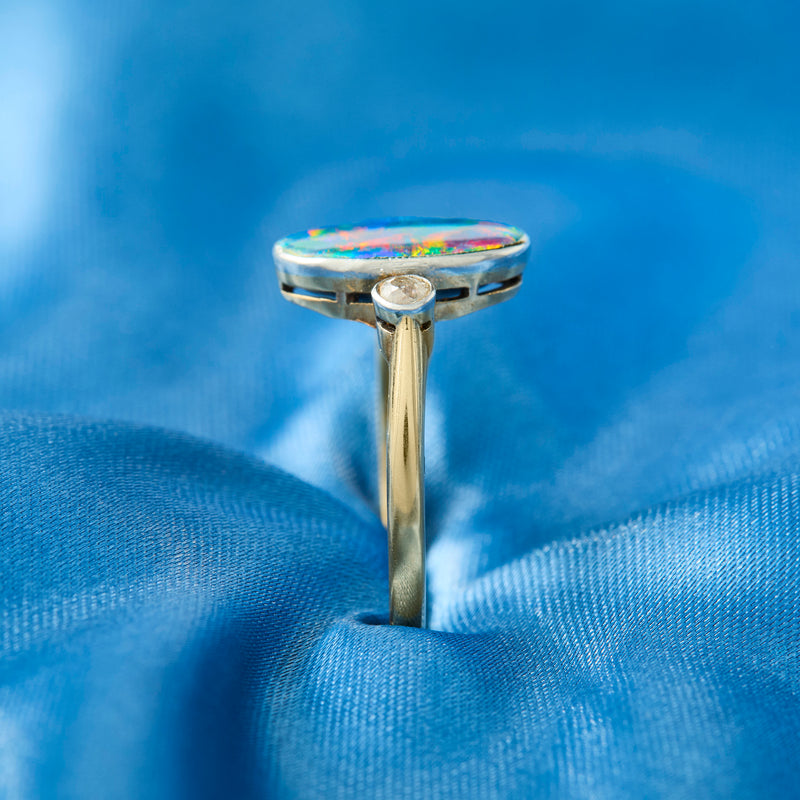 Edwardian 18ct Yellow Gold & Platinum Black Opal & Diamond Ring