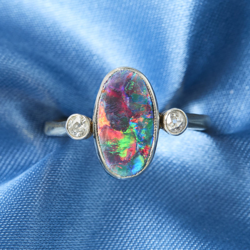 Edwardian 18ct Yellow Gold & Platinum Black Opal & Diamond Ring