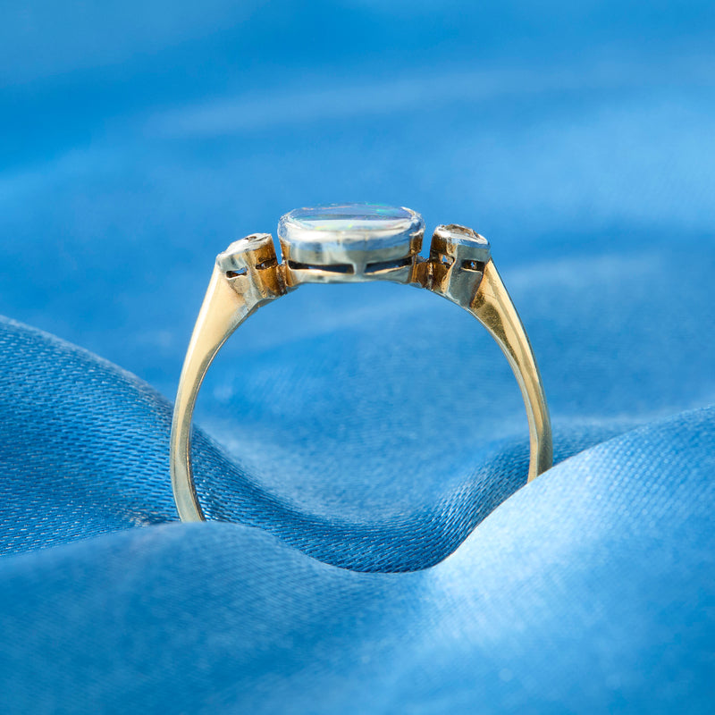 Edwardian 18ct Yellow Gold & Platinum Black Opal & Diamond Ring
