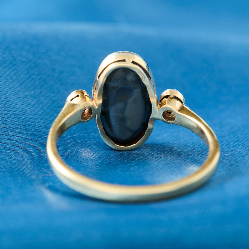 Edwardian 18ct Yellow Gold & Platinum Black Opal & Diamond Ring