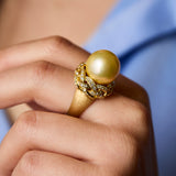 Contemporary 18ct Yellow Gold & Golden South Sea Pearl & Diamond Ring