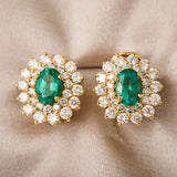Pair of Modern 18ct Yellow Gold Emerald & Diamond Cluster Earrings