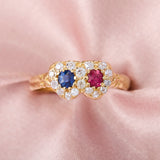 Victorian 18ct Yellow Gold Double Heart Sapphire, Ruby & Diamond Cluster Ring, 1893.