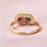 Victorian 18ct Yellow Gold Double Heart Sapphire, Ruby & Diamond Cluster Ring, 1893.