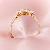 Victorian 18ct Yellow Gold Double Heart Sapphire, Ruby & Diamond Cluster Ring, 1893.