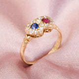 Victorian 18ct Yellow Gold Double Heart Sapphire, Ruby & Diamond Cluster Ring, 1893.