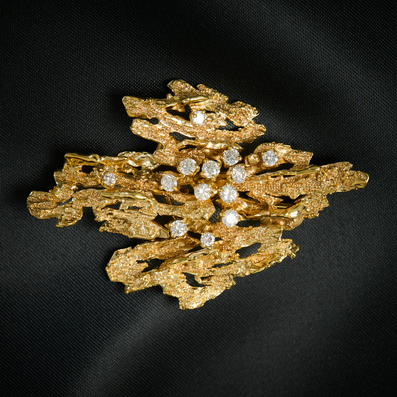 18ct Yellow Gold & Diamond Brutalist Style Brooch, Circa 1970