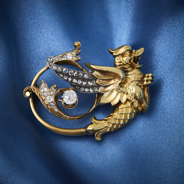 Antique 18ct Yellow Gold & Diamond Cockatrice Brooch