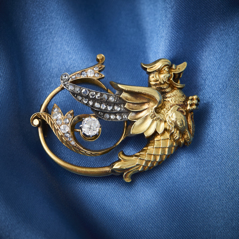 Antique 18ct Yellow Gold & Diamond Cockatrice Brooch