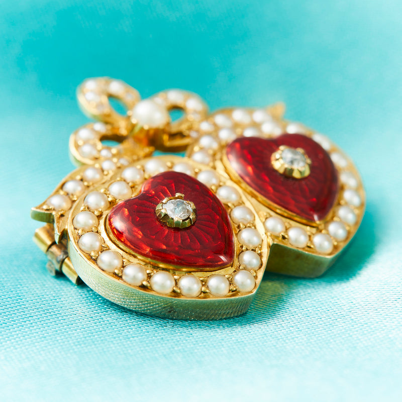 Victorian Red Enamel Double Love Heart Brooch