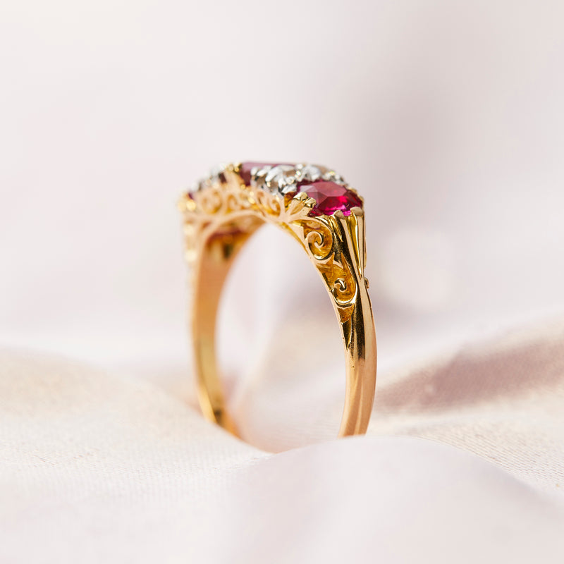 Antique Ruby and Diamond Yellow Gold Bridge Ring