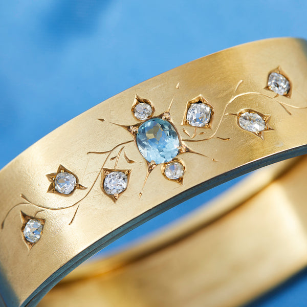 Victorian Gold Aquamarine and Diamond Bangle