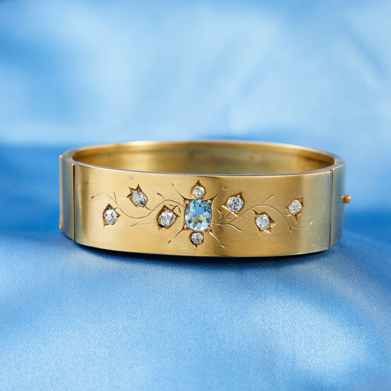 Victorian Gold Aquamarine and Diamond Bangle