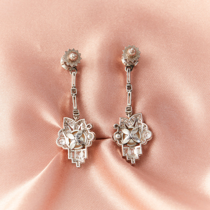 Art Deco Giardinetto Diamond and Pearl Drop Earrings