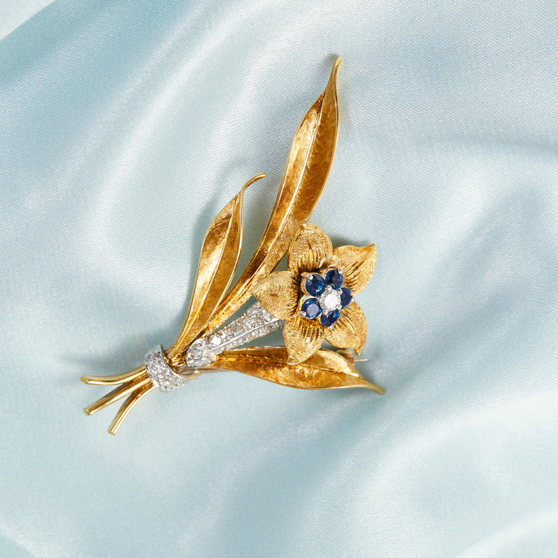 Vintage Sapphire and Diamond Flower Brooch